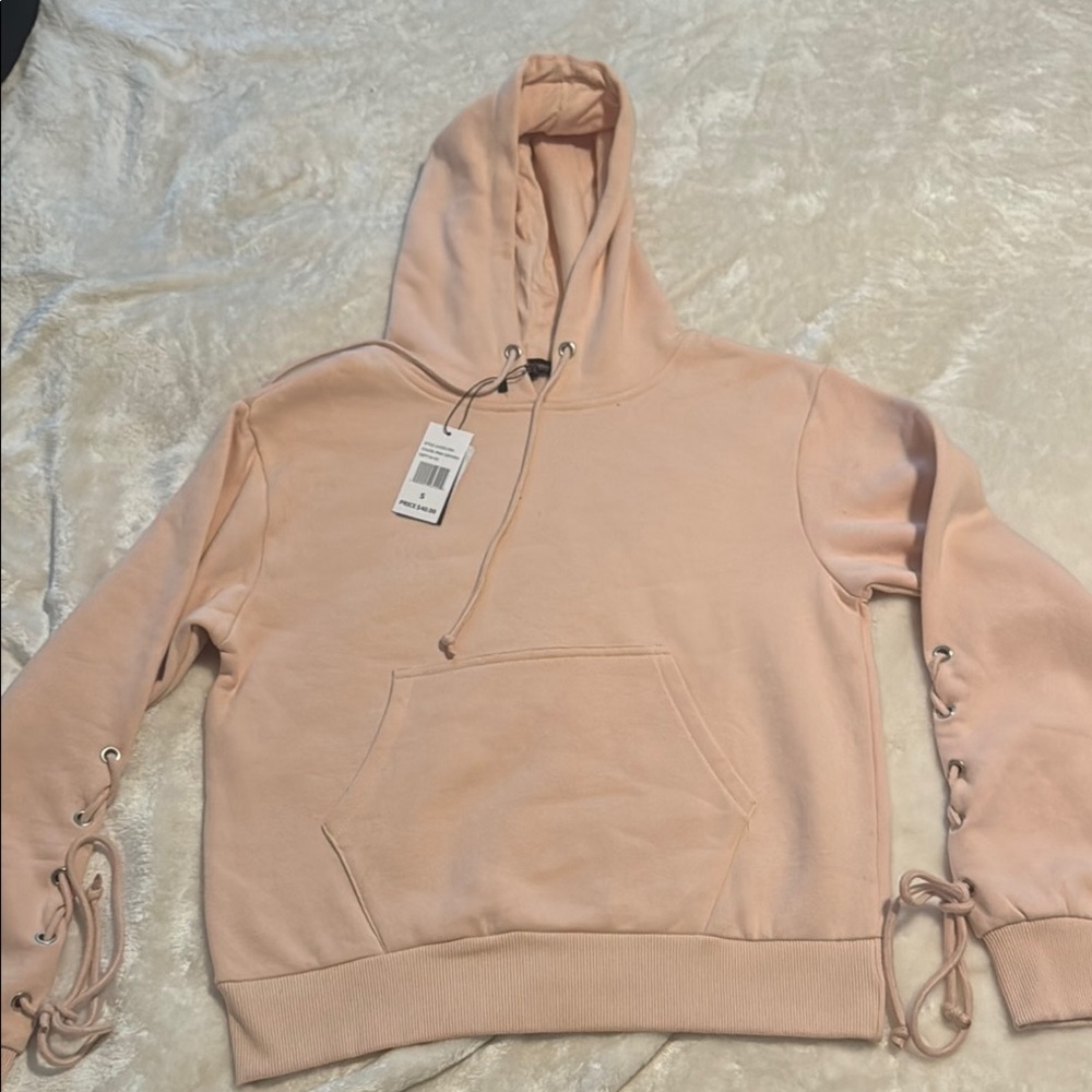 Pink Hooded Sweatshirt with Long Sleeves and Tie Front